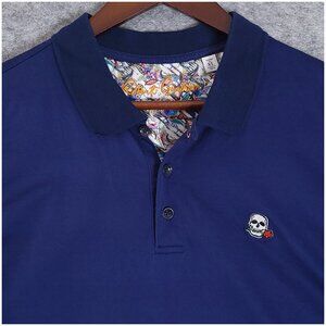 ROBERT GRAHAM Mens XL Blue Skull Rose Embroidered Classic Fit Cotton Polo Shirt
